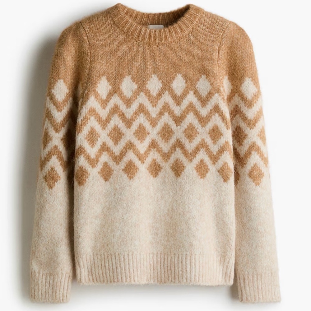 JACQUARD-KNIT SWEATER Tan and Cream Patterned Sweater‎ NWT L&M